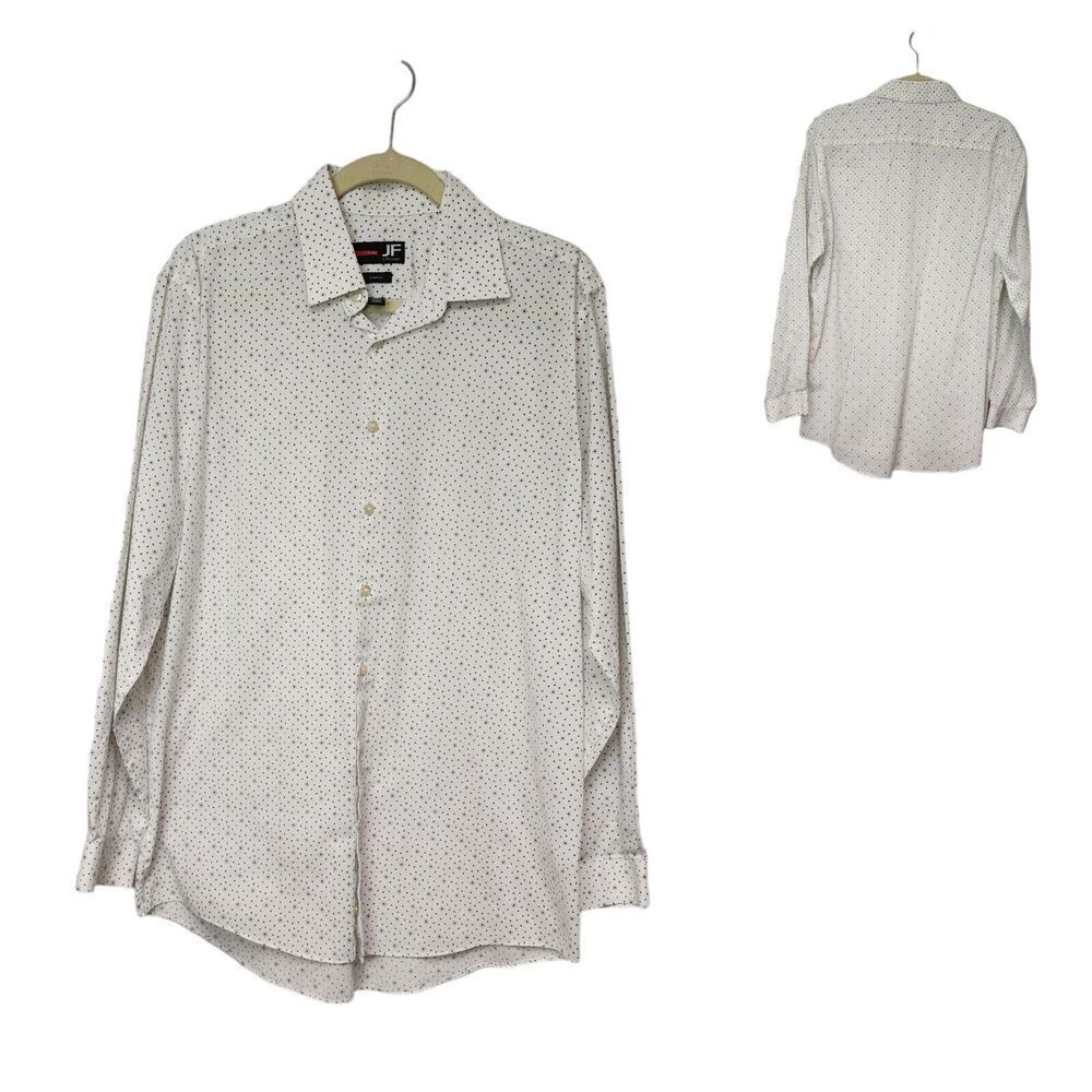 J. Ferrar Mens Long Sleeve Button Up Polka Dots White/Brown Shirt Size L-16-16.5